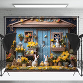 Lofaris Floral Blue Retro Wood House Bunny Photo Backdrop